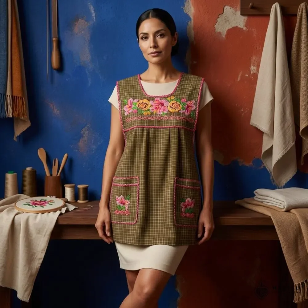 Traditional Mexican Cross-Stitch Embroidered Apron – Deluxe Artisan Smock Style